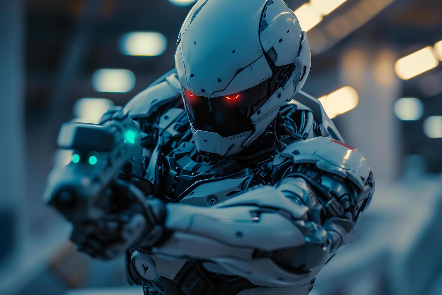 ai genererad en robot soldat i Avancerad bekämpa klädsel med elegant rustning integrerad teknologi foto