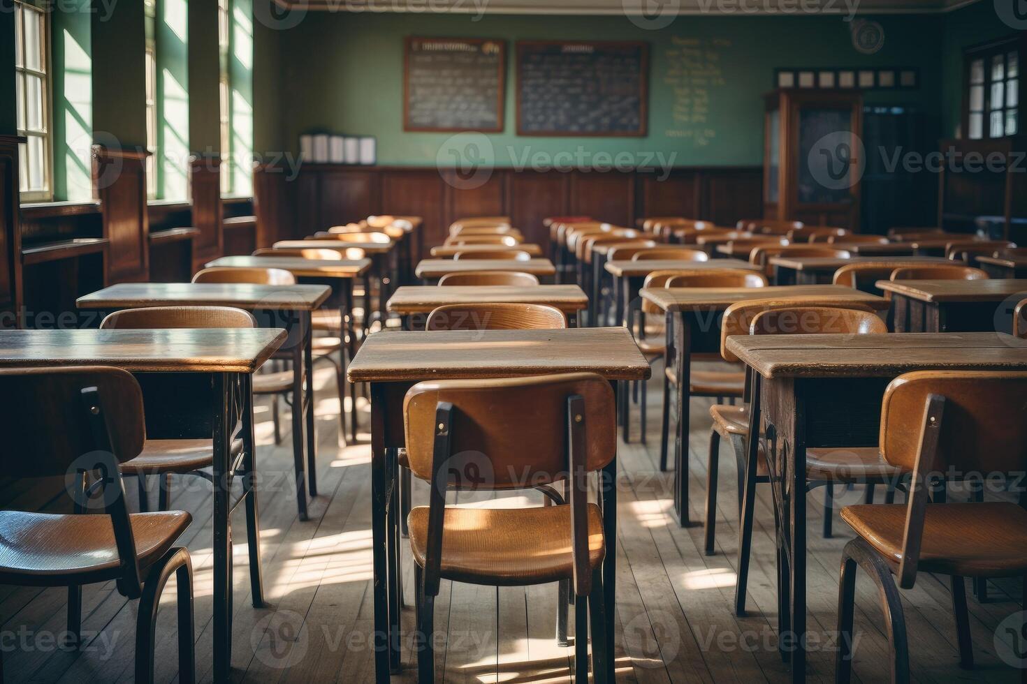 ai genererad tömma klassrum. tillbaka till skola begrepp i hög skola. årgång trä- stolar och skrivbord. studerar lektioner i sekundär utbildning. foto