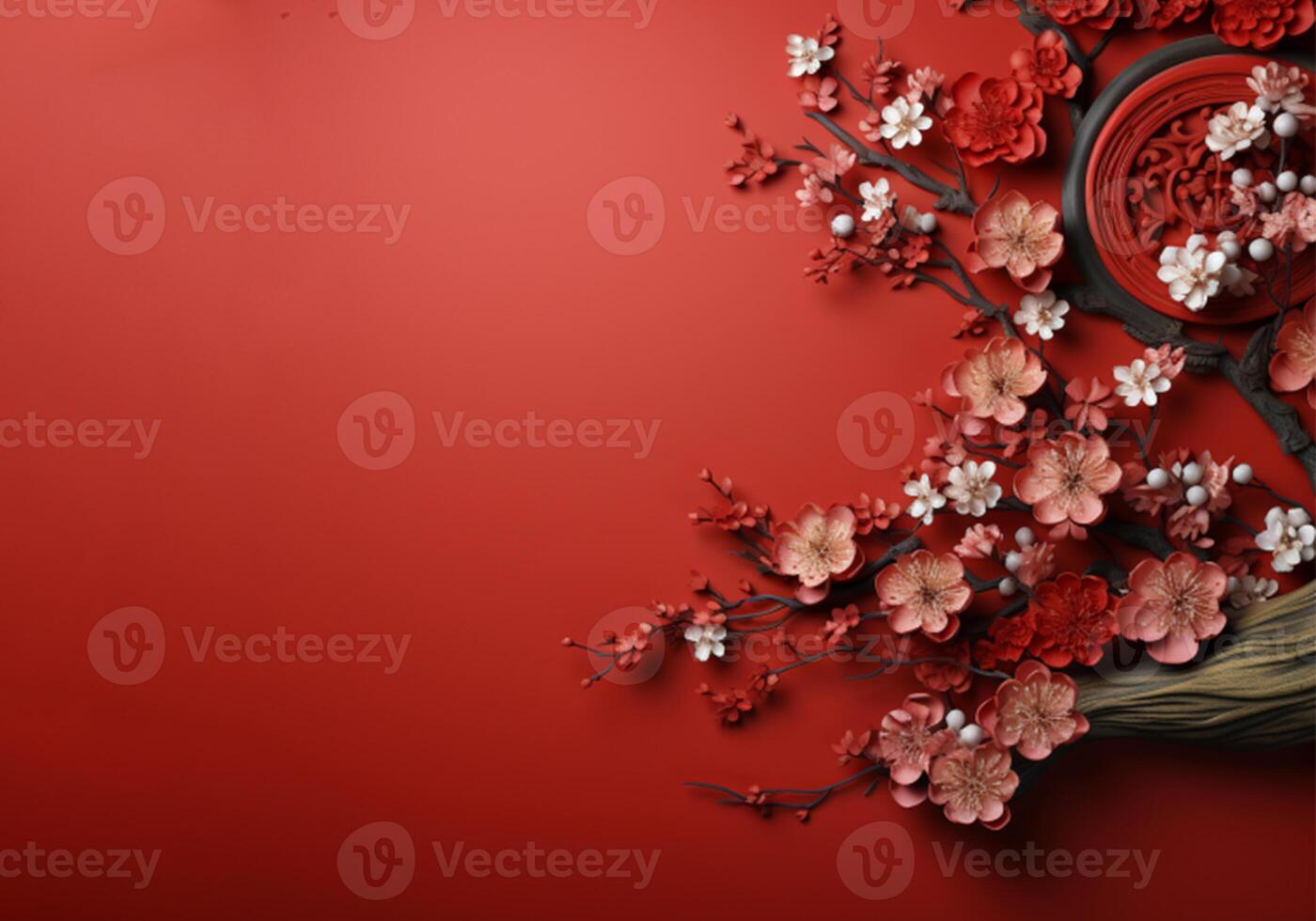 ai genererad kinesisk ny år röd bakgrund med en träd och blommor foto