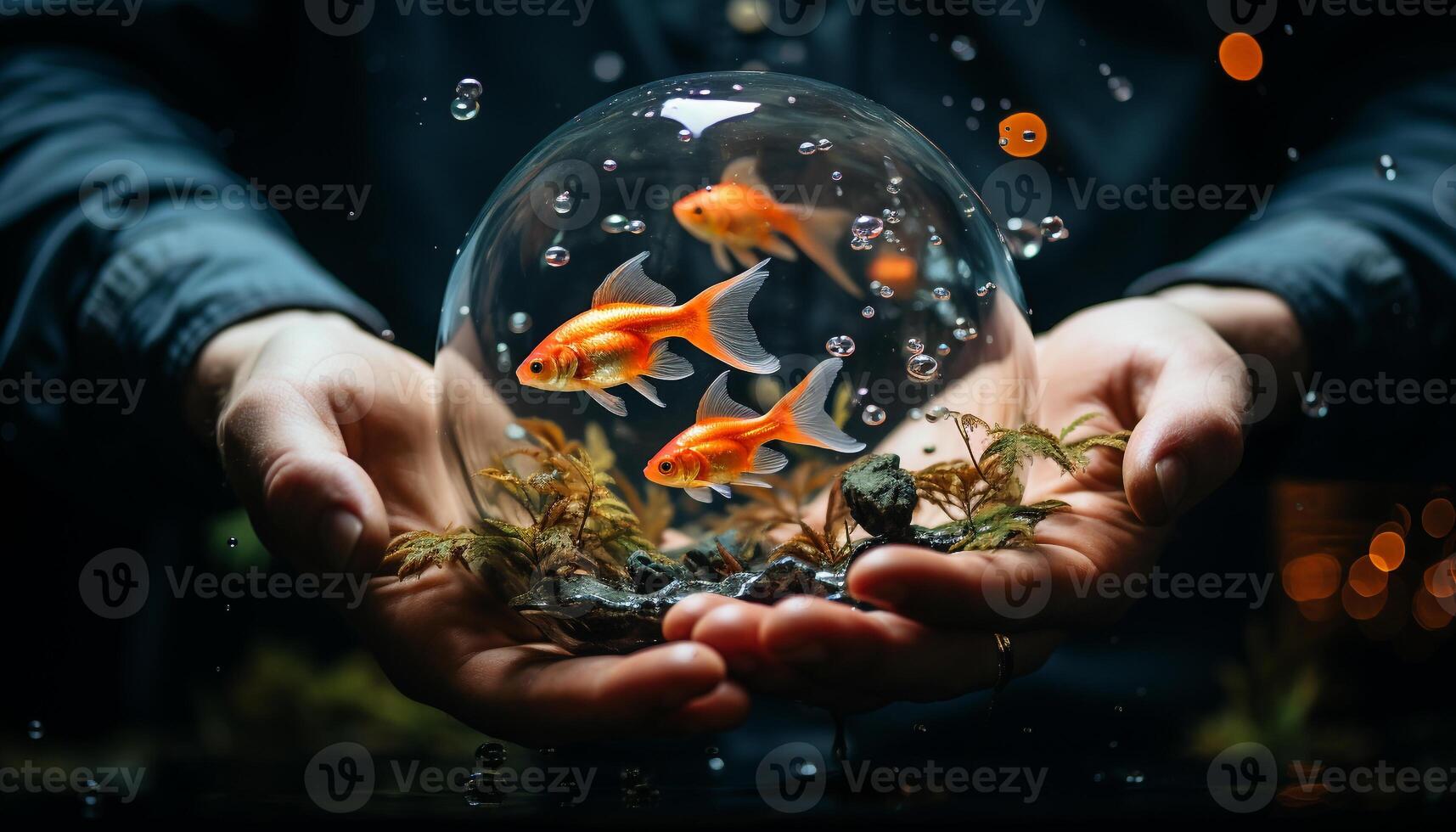 ai genererad barn innehav guldfisk i fisk tank under vattnet genererad förbi ai foto