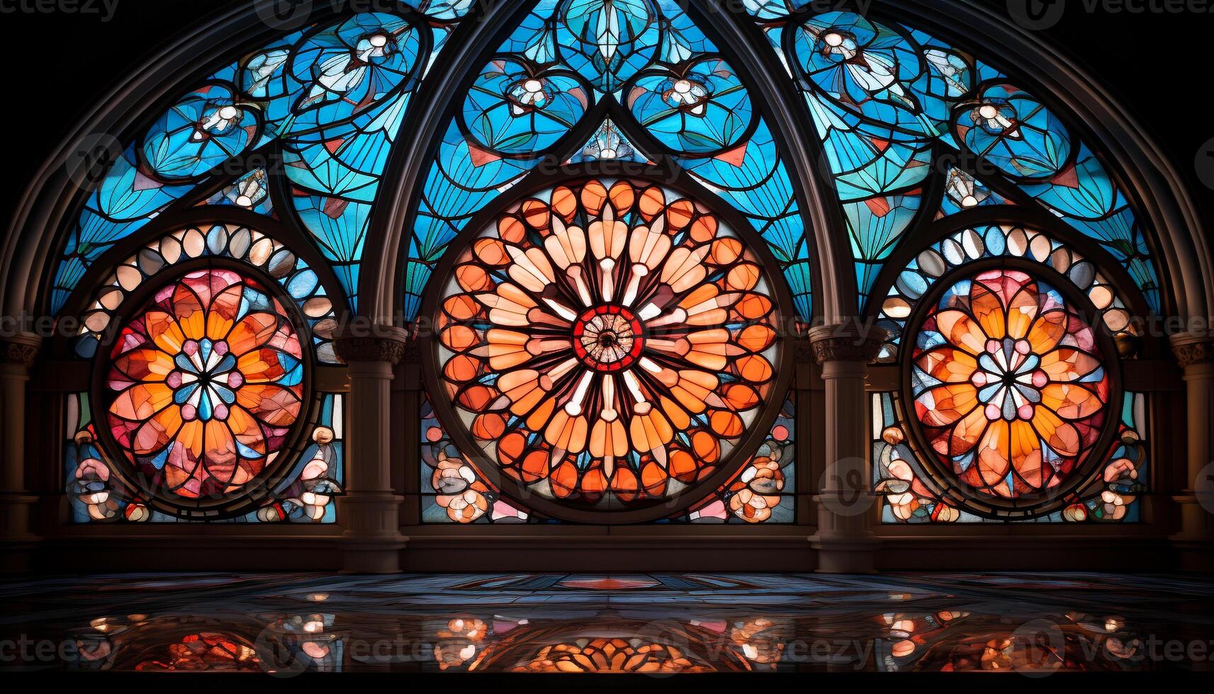 ai genererad färgade glas fönster i gotik katedral tänds andlighet genererad förbi ai foto