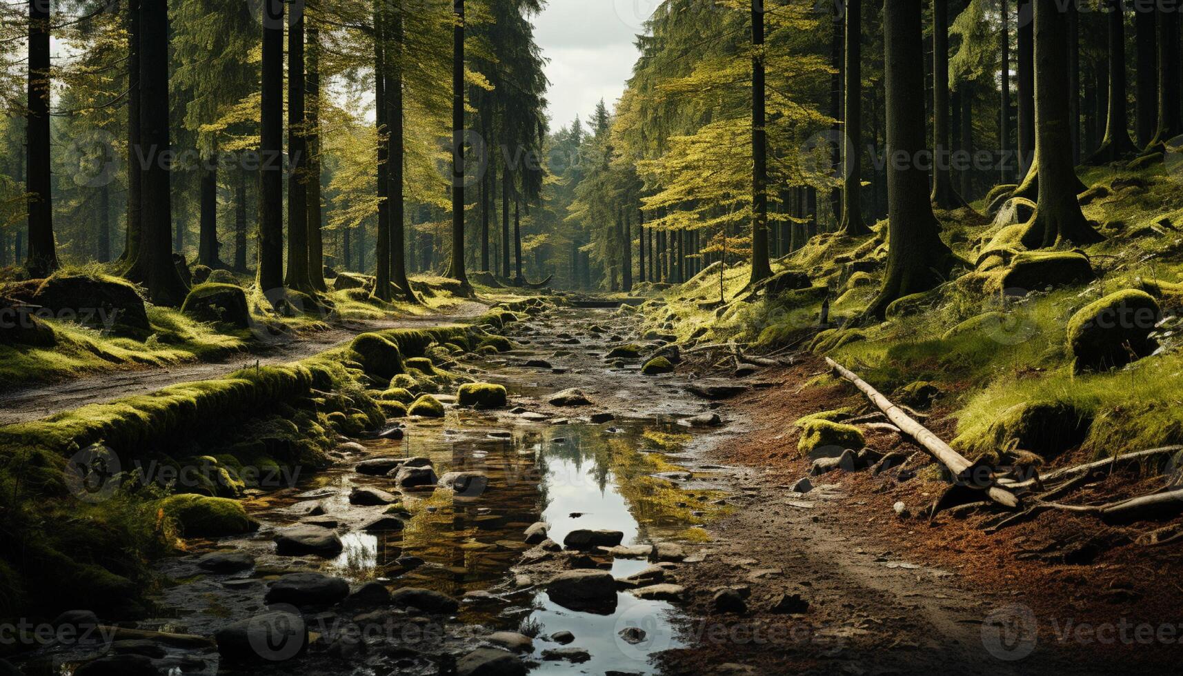 ai genererad lugn scen av en skog med strömmande vatten genererad förbi ai foto