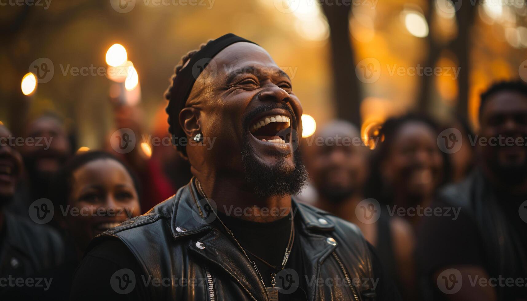 ai genererad afrikansk män leende, natt lycka, utomhus- firande, grupp skrattande, upplyst stad genererad förbi ai foto