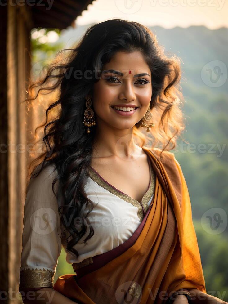 ai genererad indisk flicka i traditionell klädsel stående utomhus i en lugn, naturlig miljö foto