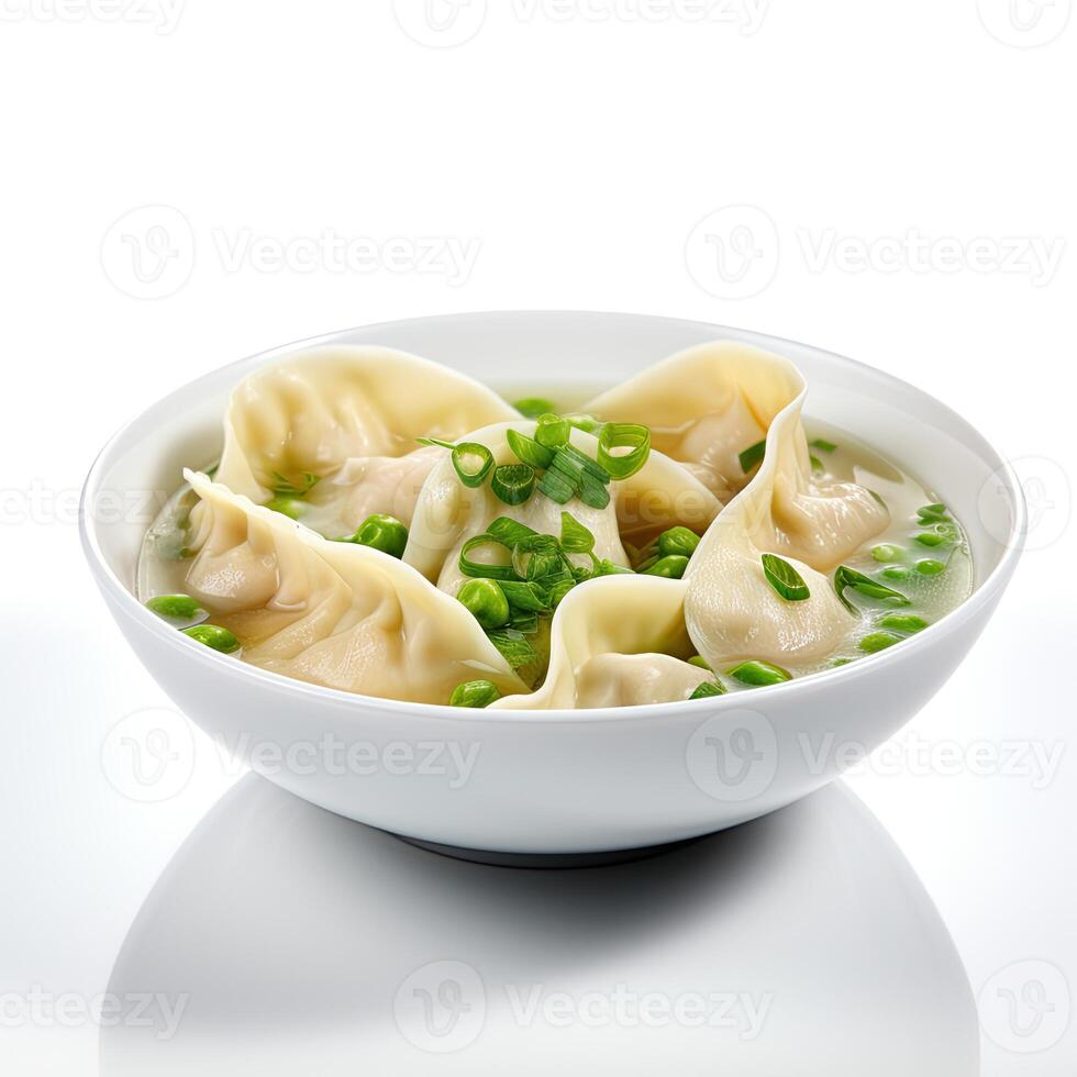 ai genererad wonton soppa närbild isolerat på vit bakgrund foto