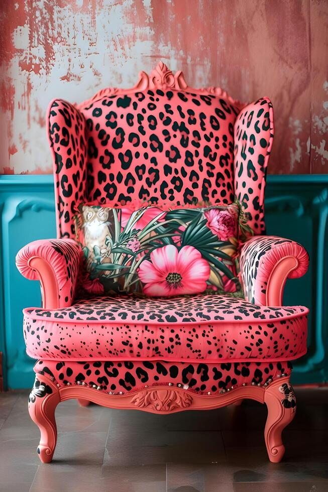 ai genererad chic bekvämlighet elegant rosa leopard skriva ut stol med en vår blommig prydnadskudde foto