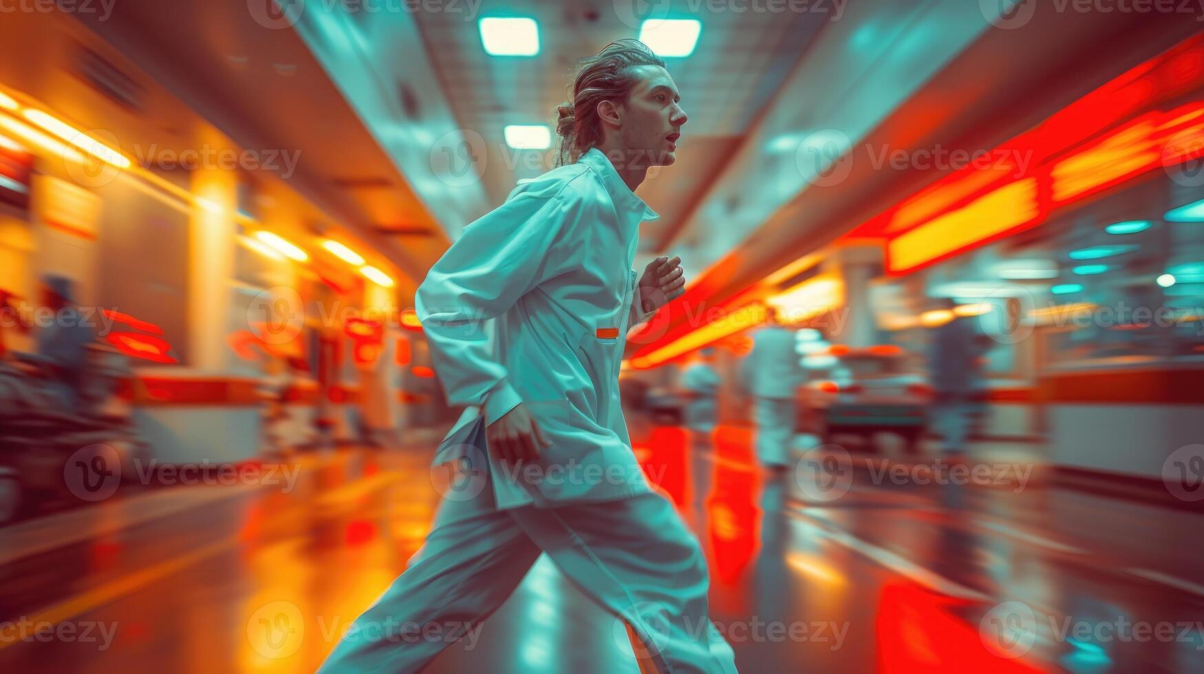 ai genererad fokuserade läkare löpning i sjukhus under nödsituation foto