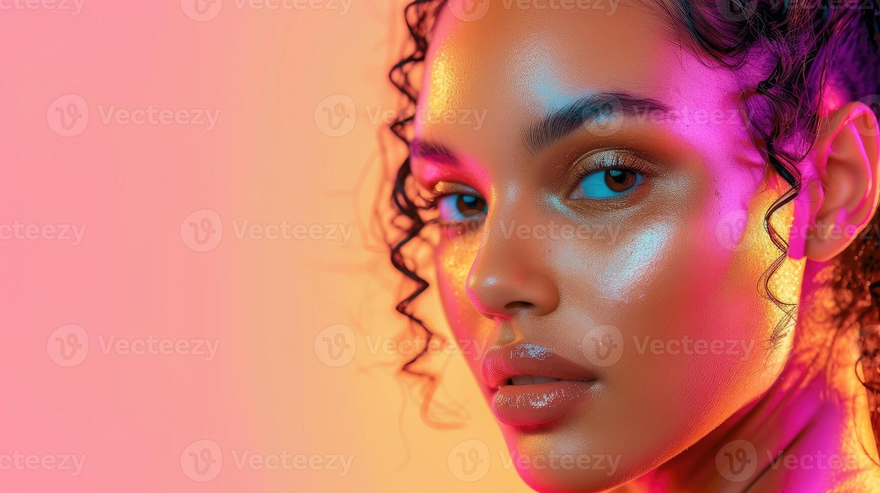 ai genererad slående kvinna porträtt med vibrerande neon belysning foto