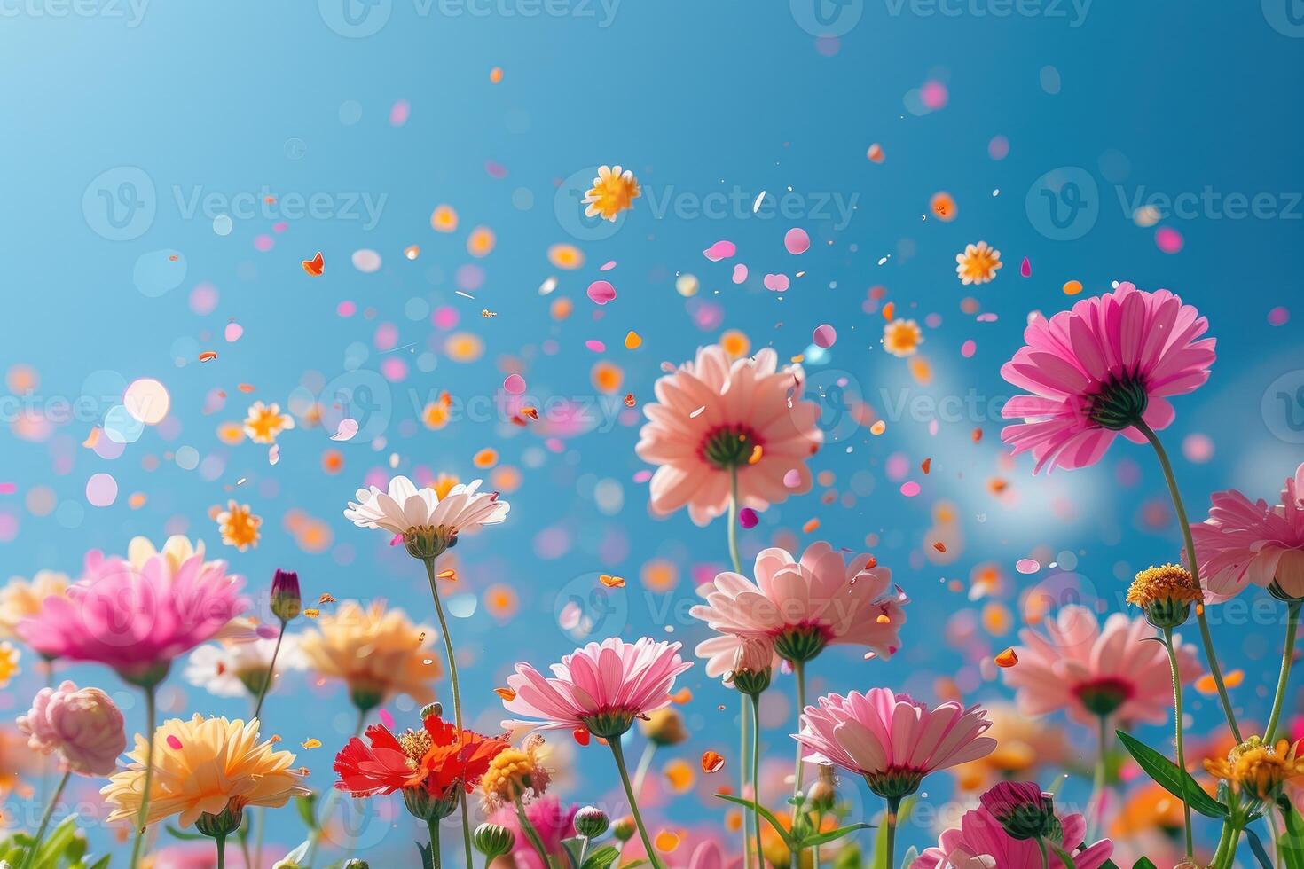 ai genererad kronblad blommor konfetti faller från en ljus blå himmel på ett höst eller vår professionell fotografi foto