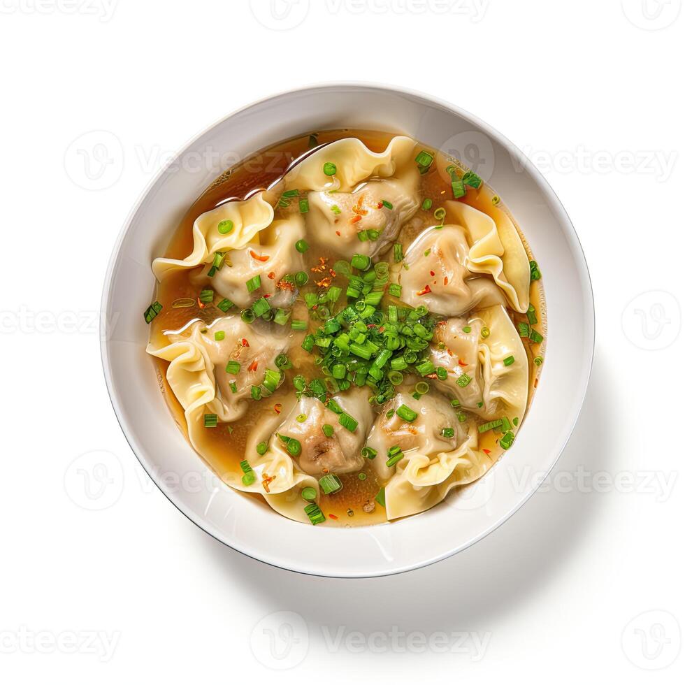 ai genererad wonton soppa närbild isolerat på vit bakgrund foto