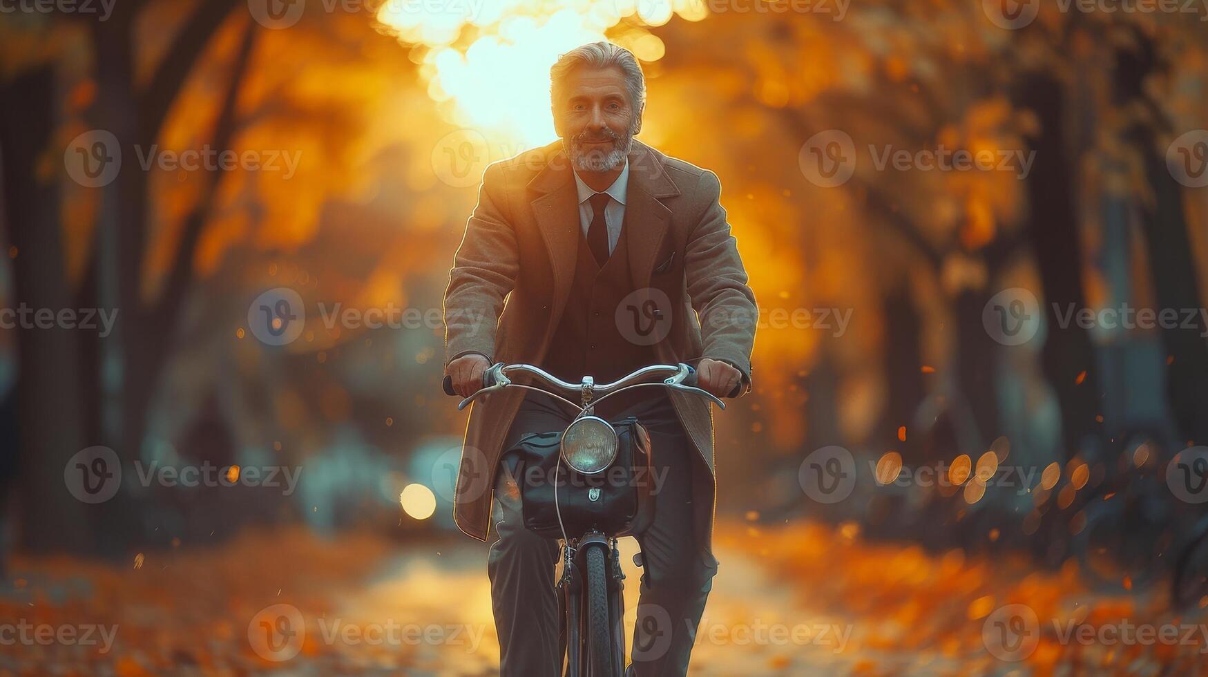 ai genererad de huvud av en företag ser Lycklig, på de hjul av en cykel, som han avkastning från de kontor på hans cykel utomhus. de främre se av de huvud av de företag ser bra som han cykler foto