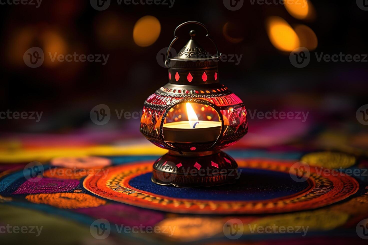 ai genererad Lycklig diwali - diya lampor belyst under firande foto