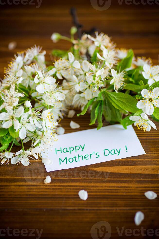 hälsning kort för mor och blomning vår gren med blommor foto