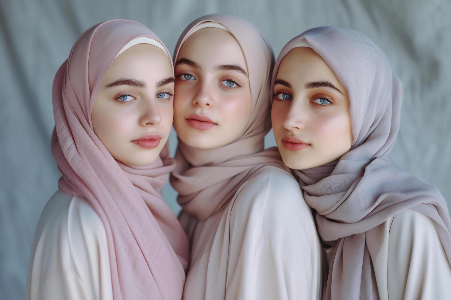 ai genererad tre ung kvinnor i hijab poser för en Foto i de stil av ljus rosa och ljus grå