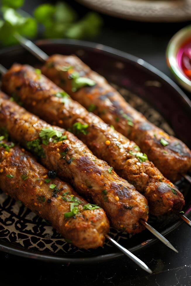 ai genererad kulinariska royalty indisk kebab från awadhi kök i elegant chic stil foto