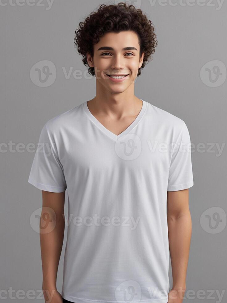 ai genererad gata stil vit t-shirt attrapp terar ung man modell i grå bakgrund idealisk mall för skriva ut design på tillfällig kläder foto