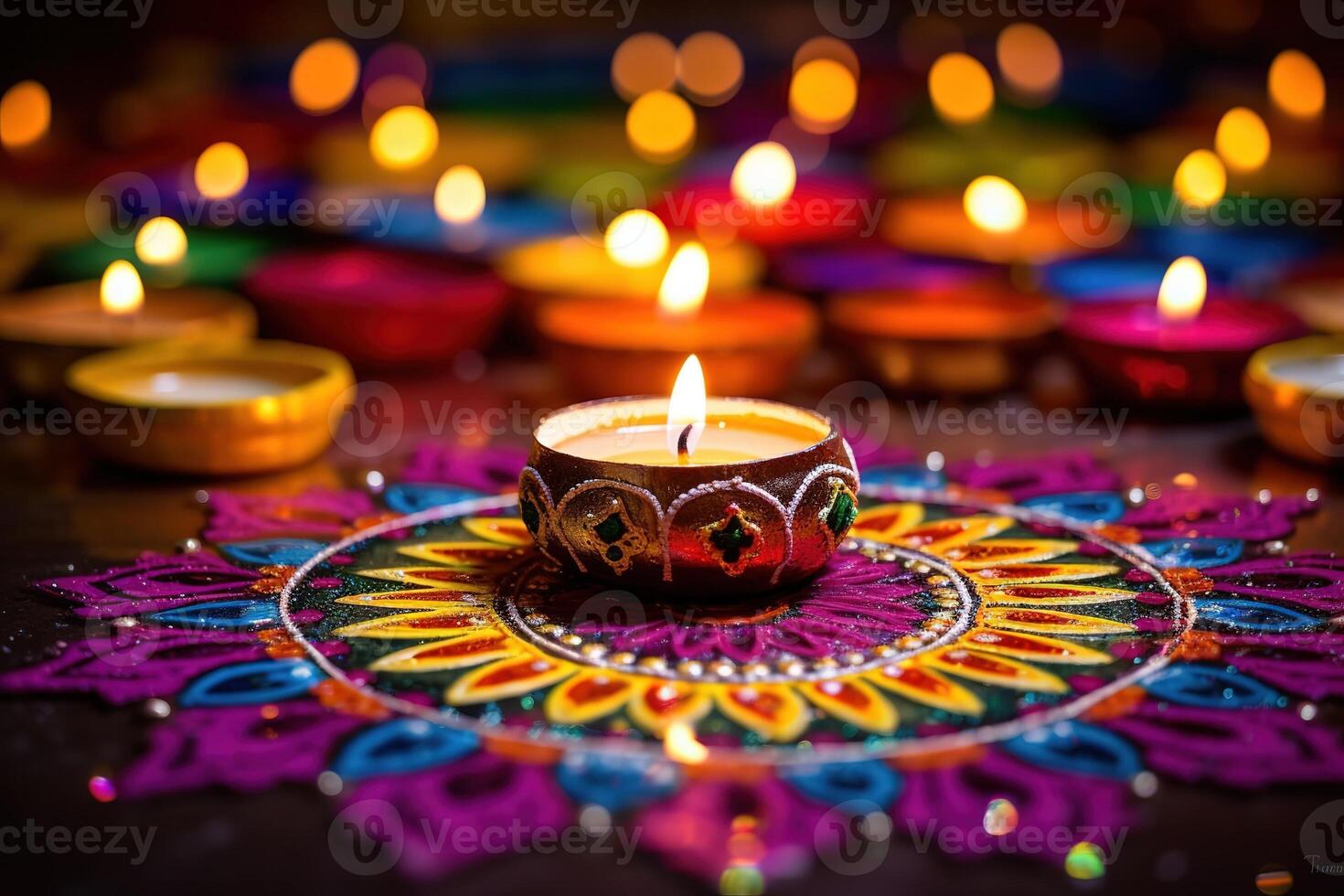 ai genererad färgrik lampa belyst under de firande av diwali foto