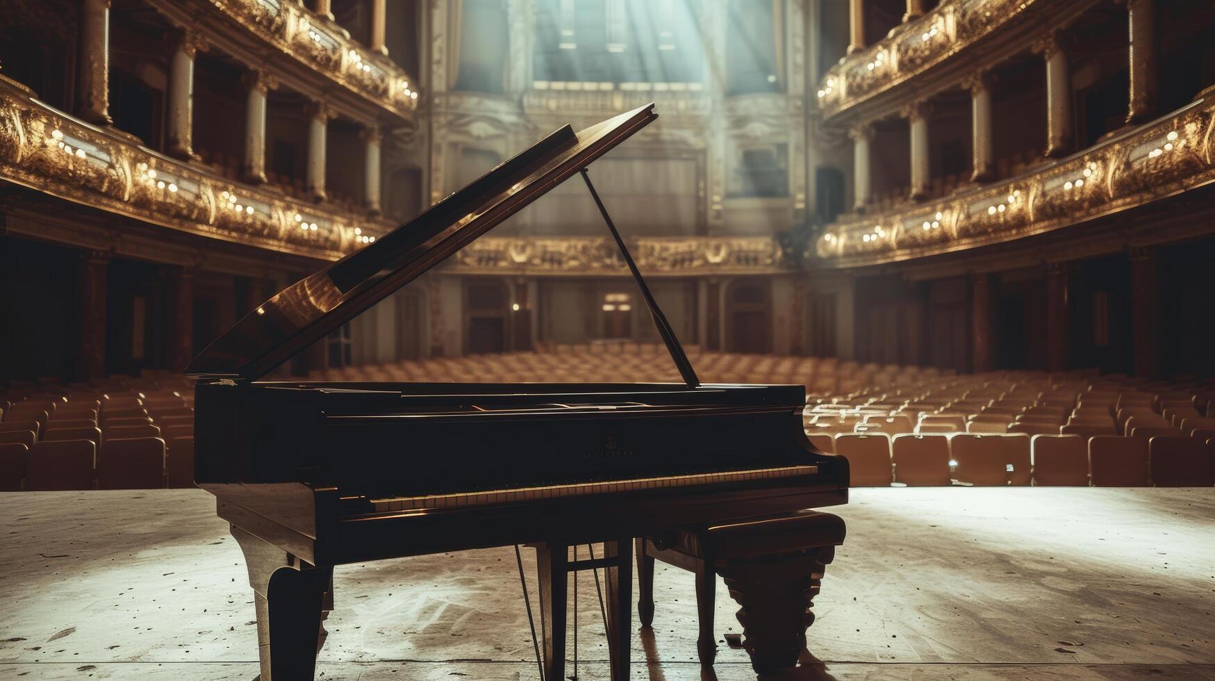 ai genererad en stor piano i ett elegant konsert hall, avvaktan de pianistens Rör till fylla de Plats med melodi foto