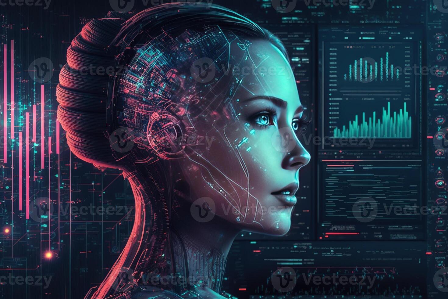 ai genererad ansikte av artificiell intelligens.futuristisk, modern illustration. innovativ teknik. generativ ai foto