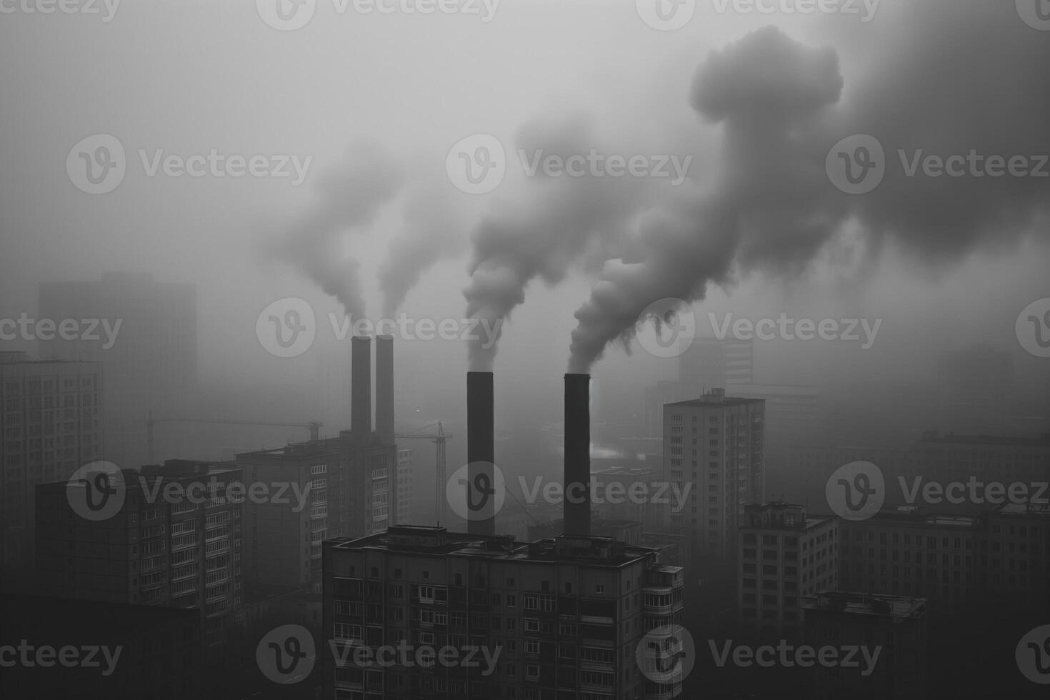 ai genererad en stadsbild höljd i dimma och industriell rök, med fabrik skorstenar frisättande utsläpp in i de tidigt morgon- himmel. foto