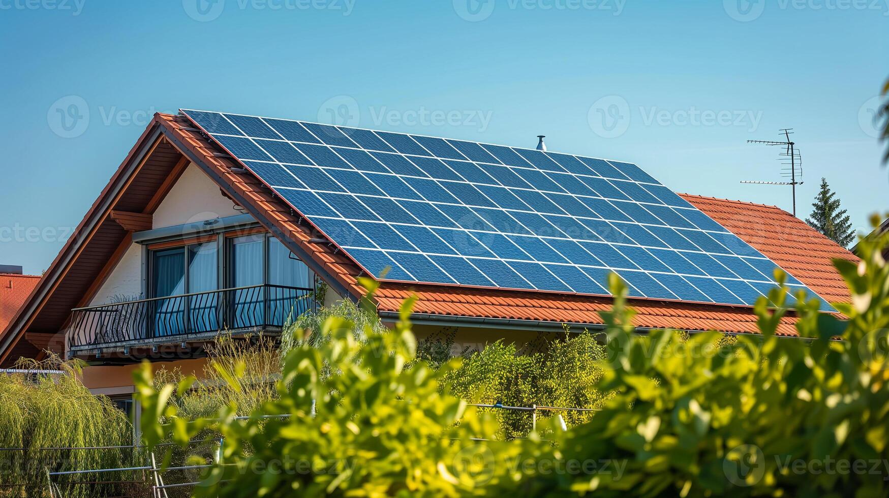 ai genererad en förorts hus med en full array av sol- paneler installerad på de tak, visa upp bostads- förnybar energi adoption. foto