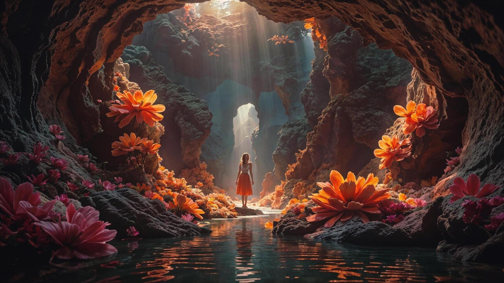 ai genererad en kvinna står i en grotta fylld med blommor och vatten. de väggar är orange och rosa. ai generativ foto