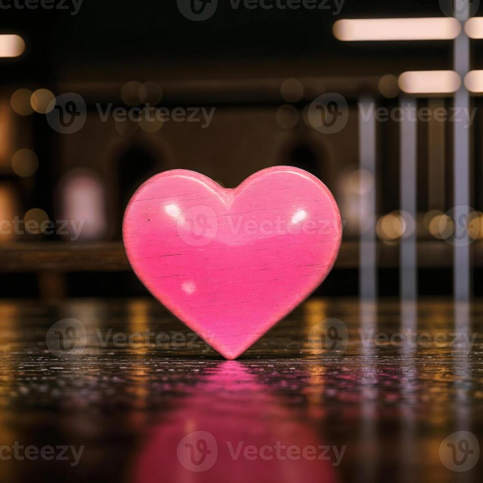 ai genererad en rosa hjärtformade objekt är Sammanträde på en trä- tabell. ai generativ foto