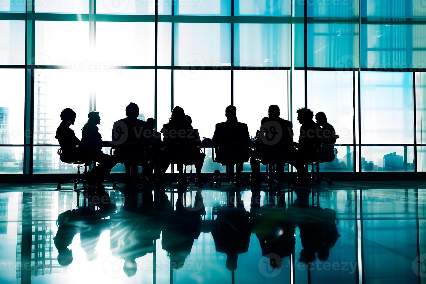 ai genererad silhuett av en företag team i en möte på en styrelserum med stad horisont bakgrund. foto