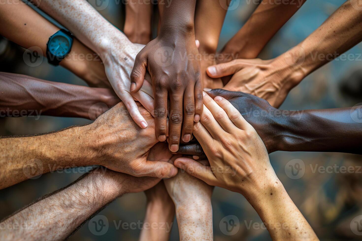 ai genererad en cirkel av multietnisk händer fogade i solidaritet över en suddig bakgrund foto