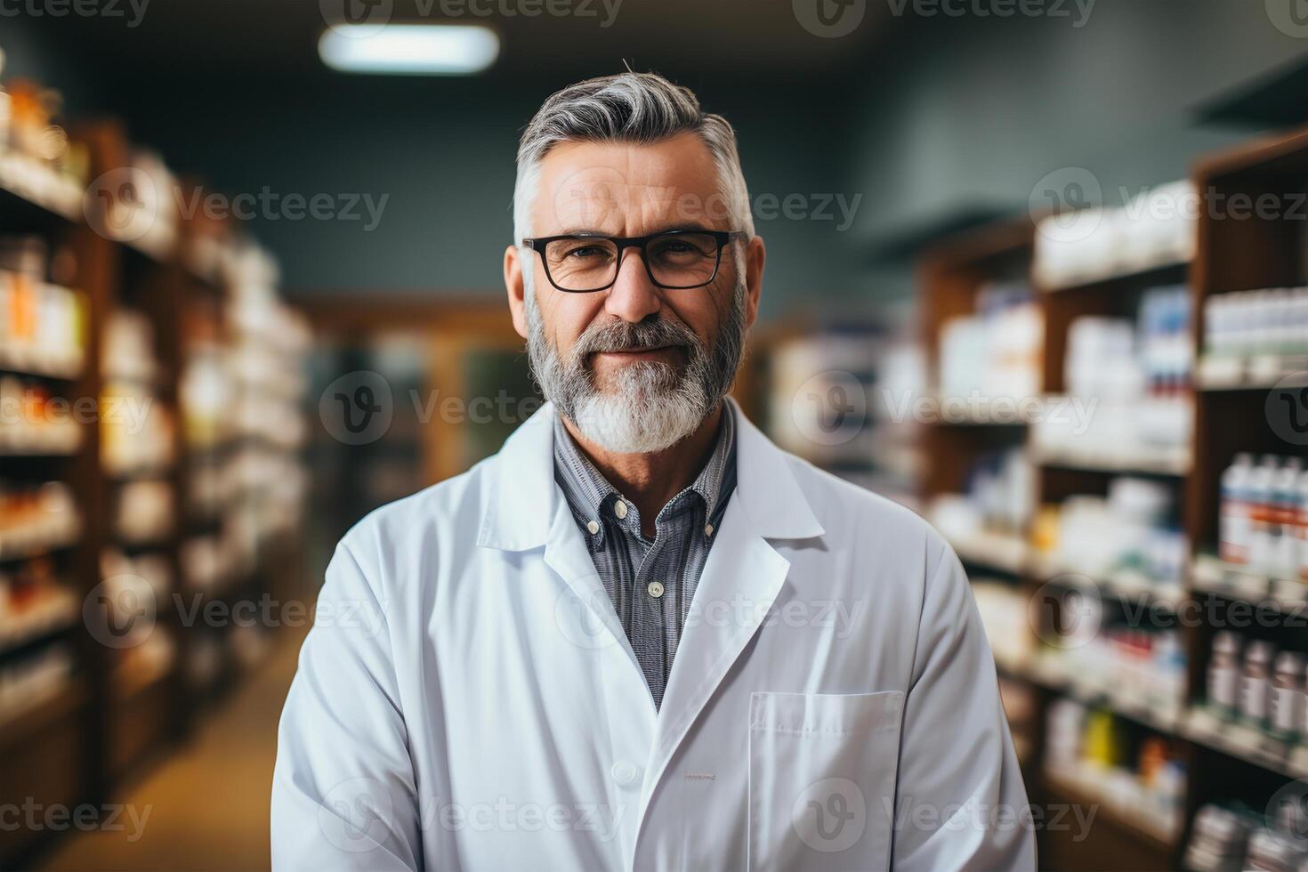 ai genererad leende senior apotekare med vapen korsade i en apotek foto