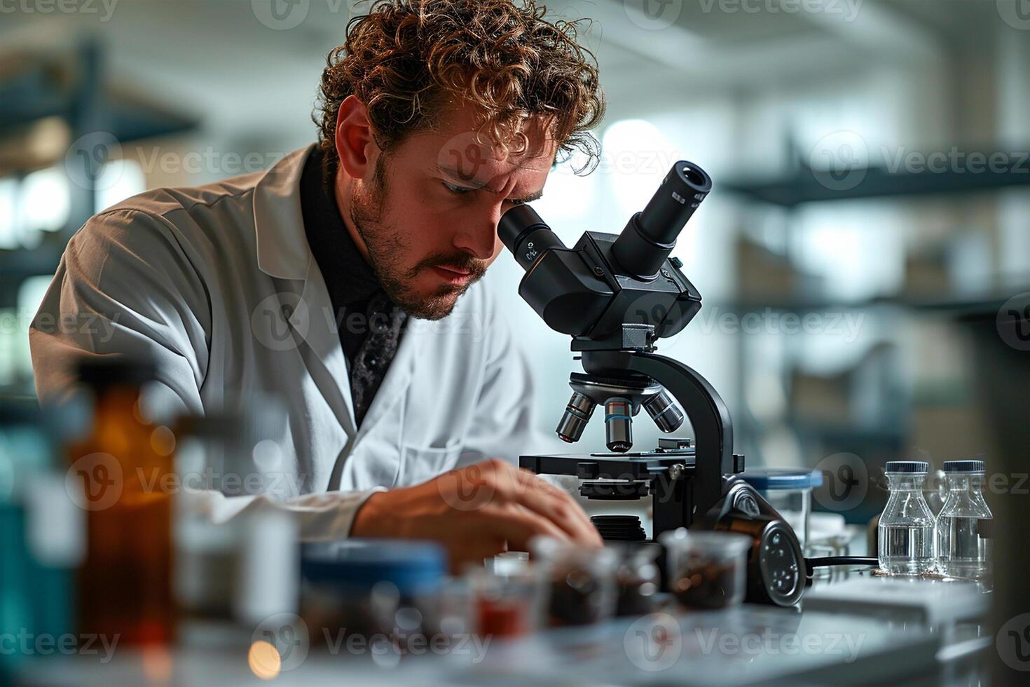 ai genererad intensivt fokuserade forskning forskare undersöker prover med en mikroskop i en laboratorium miljö. foto