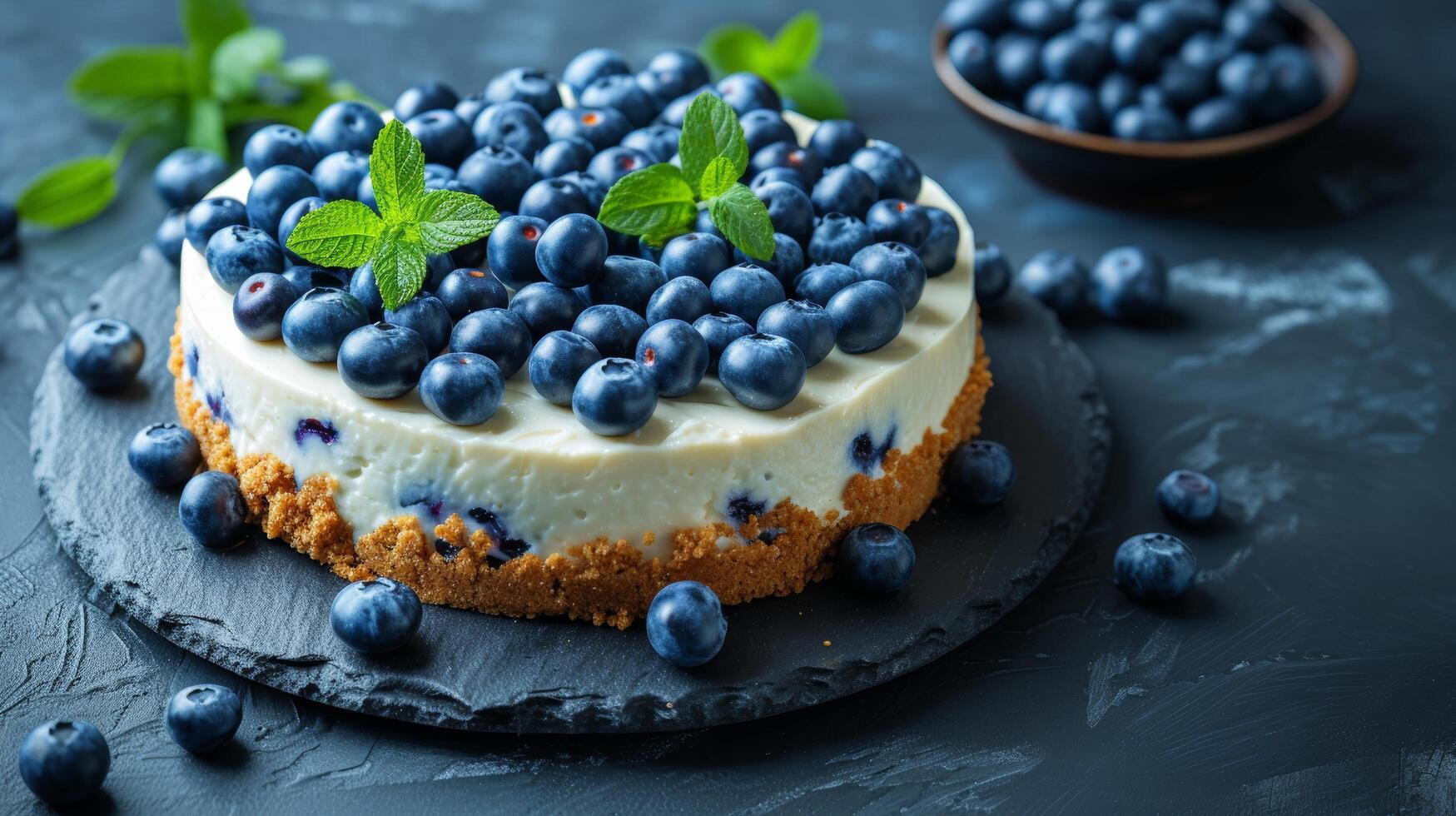 ai genererad en himmelskt blåbär cheesecake terar knubbig blåbär på en Graham kracker bas. foto