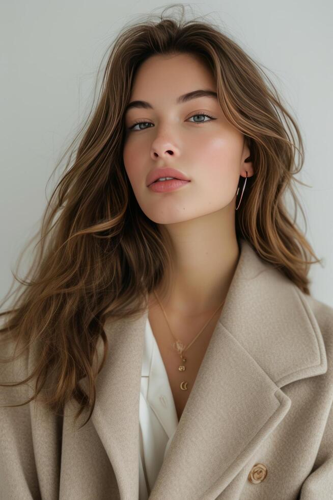 ai genererad Foto av en skön modell flicka i beige kläder för reklam