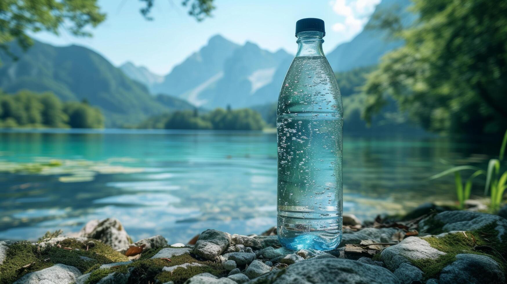 ai genererad beskrivande en flaska av ren vatten med en bergig bakgrund foto