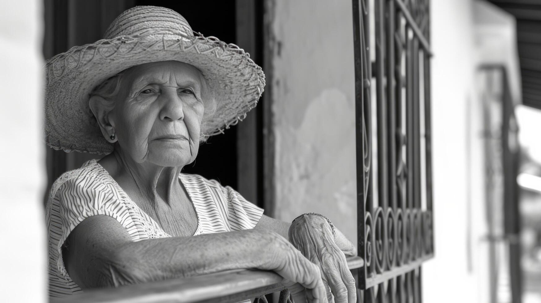 ai genererad ett äldre kvinna i en korg- panama hatt och en randig sundress står på de veranda av en klassisk vit hus foto