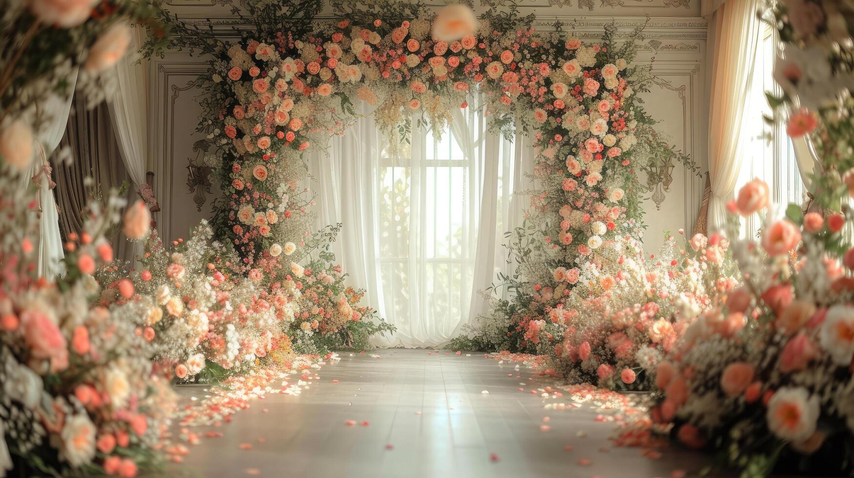 ai genererad bröllop bakgrund Utsmyckad med underbar blommor, generativ ai fri Foto