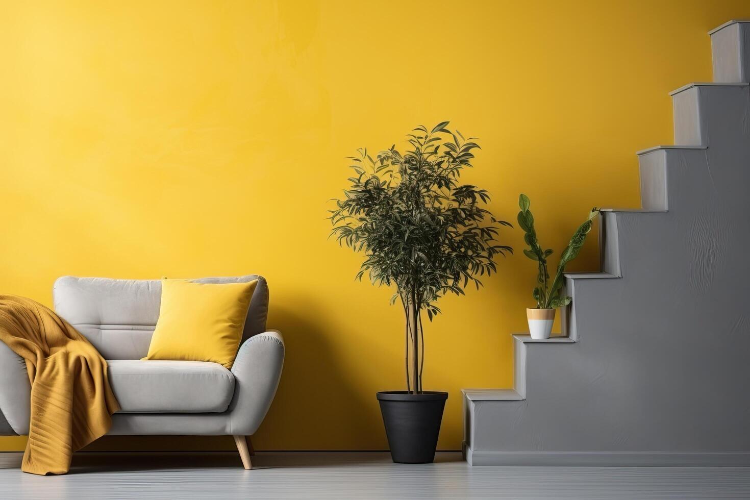 ai genererad ett exempel av ett interiör för en Foto studio i gul och grå. levande rum i de korridor.