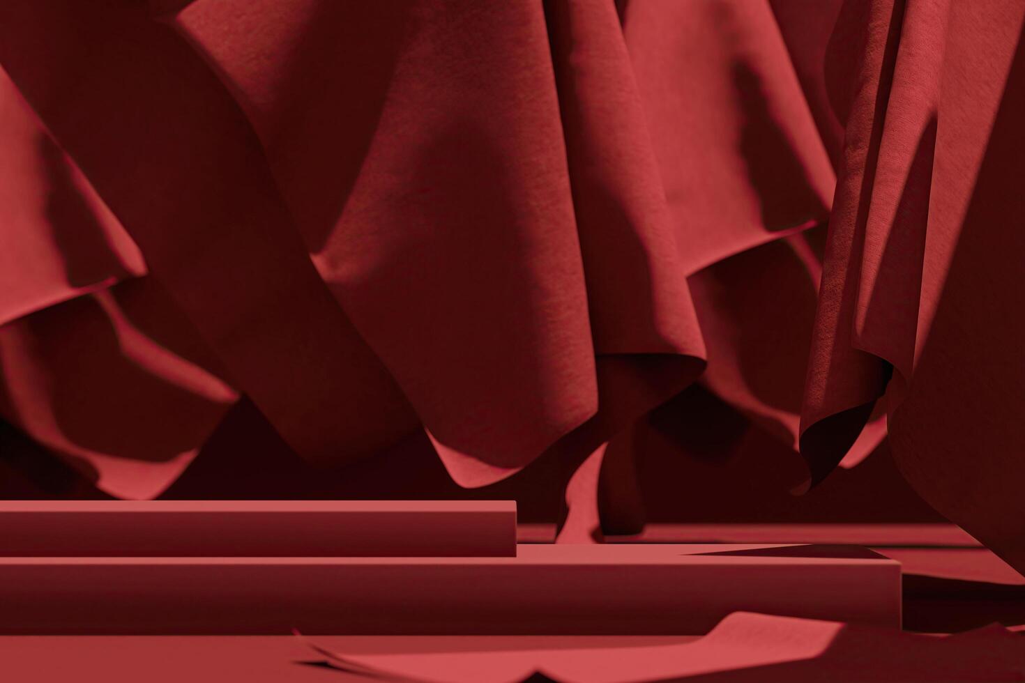 sammet produkt visa stå med en röd gardiner bakgrund. bakgrund för produkt presentationer. 3d illustration foto