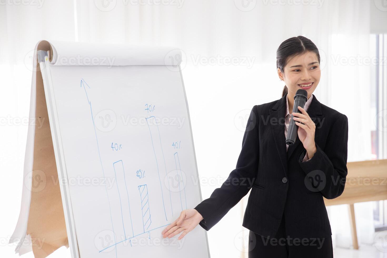 asiatisk företagare ledare kvinna självsäker leda presentatör i möte klass seminarium. företag marknadsföring presenteras högre förtjänst växa inkomst Betygsätta. foto