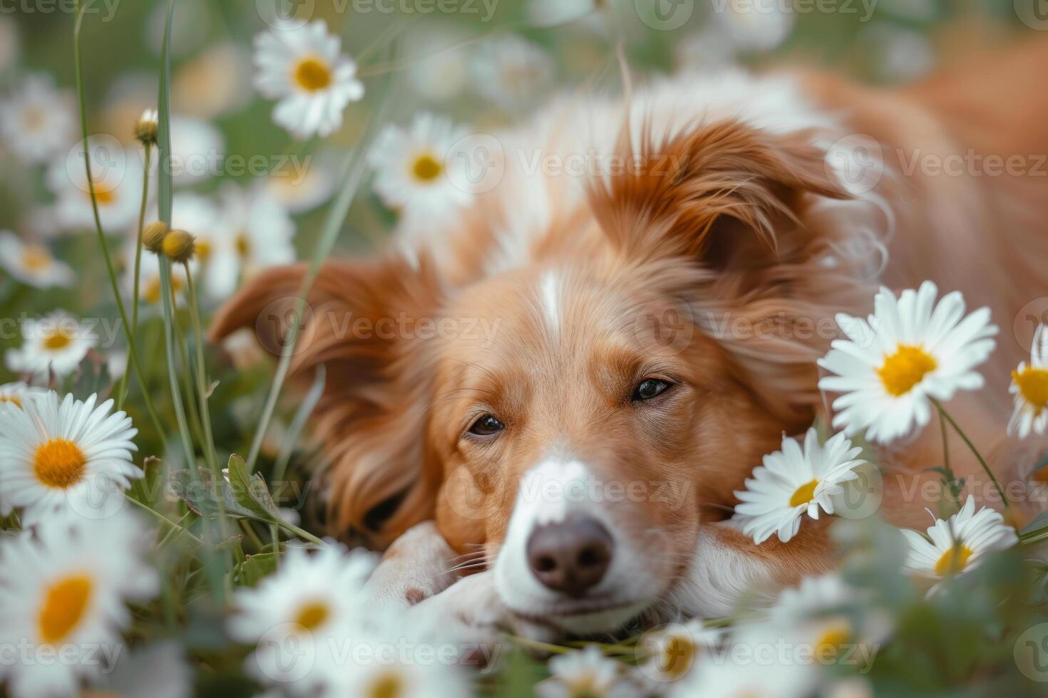 ai genererad hund liggande i en vår solig trädgård bland de blommor. generativ ai foto