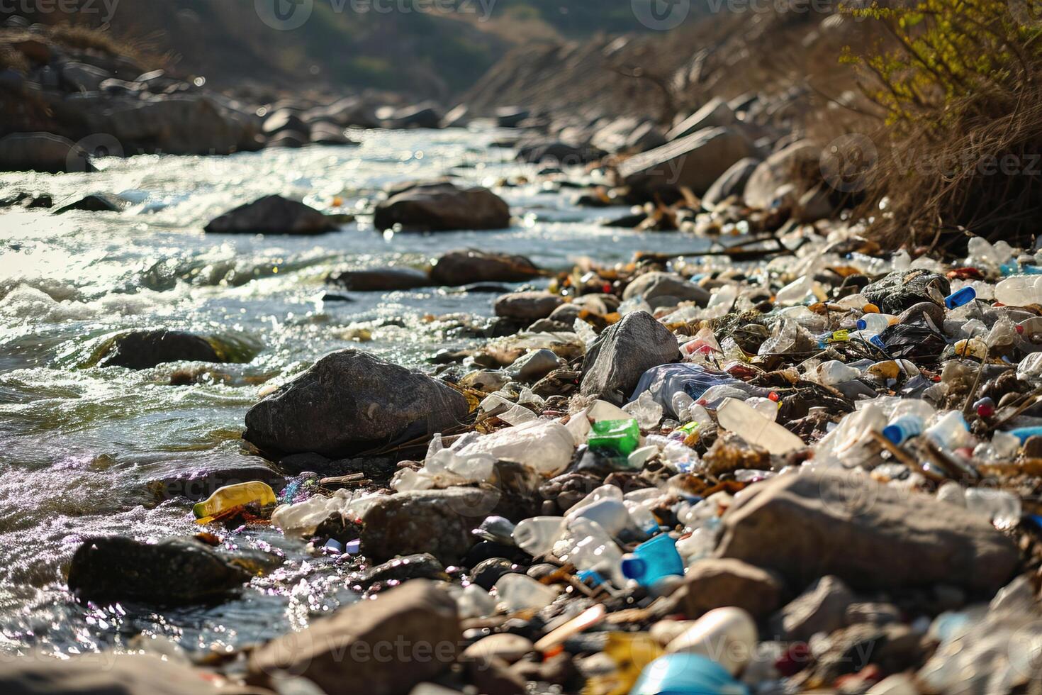 ai genererad förorenad flod, destruktiv närvaro av plast avfall på de naturlig strömma av vatten foto