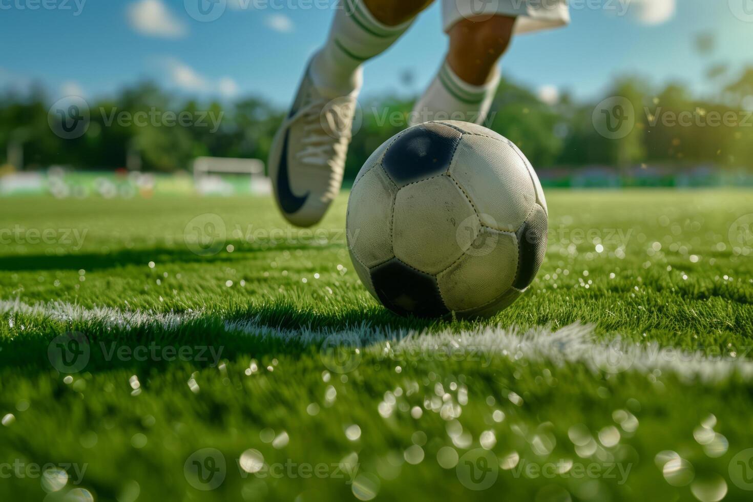 ai genererad fotboll spelare med en boll i handling. fotboll spelare sparkar de boll. generativ ai foto