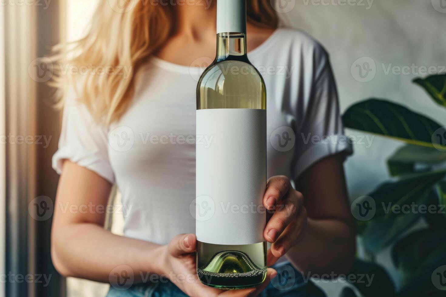 ai genererad kvinna innehav flaska av vit vin med en märka mockup. generativ ai foto