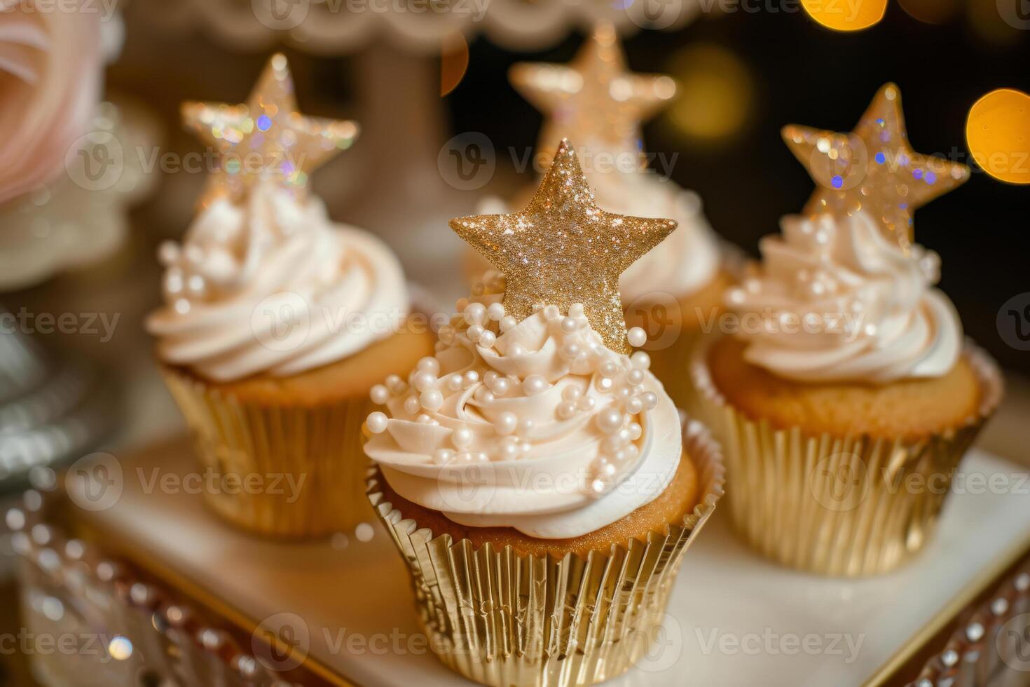 ai genererad söt prinsessa tema muffins för en liten flicka dekorerad med socker stjärnor. generativ ai foto