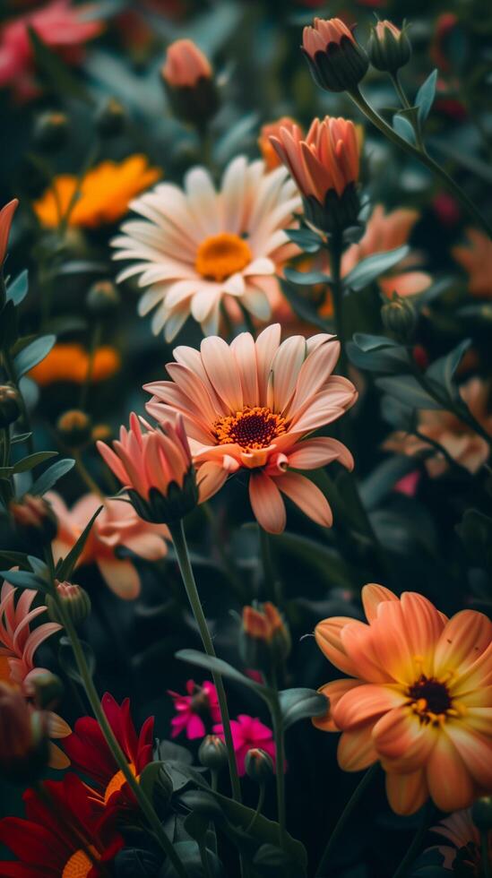 ai genererad färgrik daisy blommor i de trädgård - årgång effekt stil bilder foto