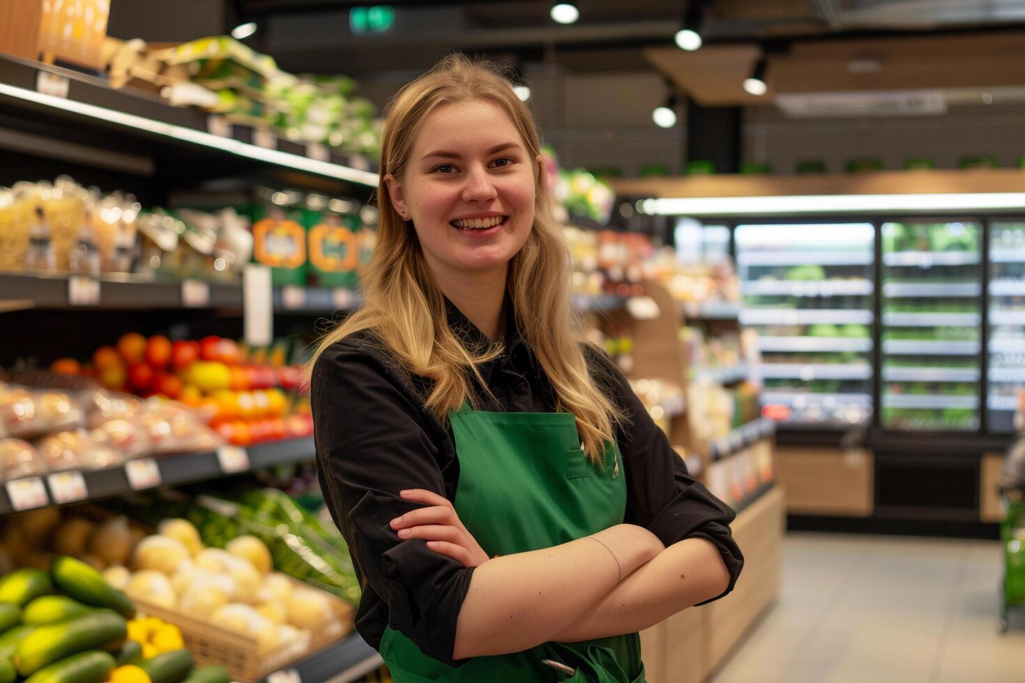 ai genererad vänlig mataffär personal medlem leende på arbete med ai genererad. foto