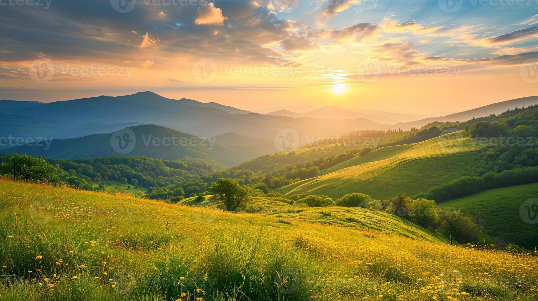 ai genererad solnedgång i de berg dal. skön naturlig landskap i de sommartid foto