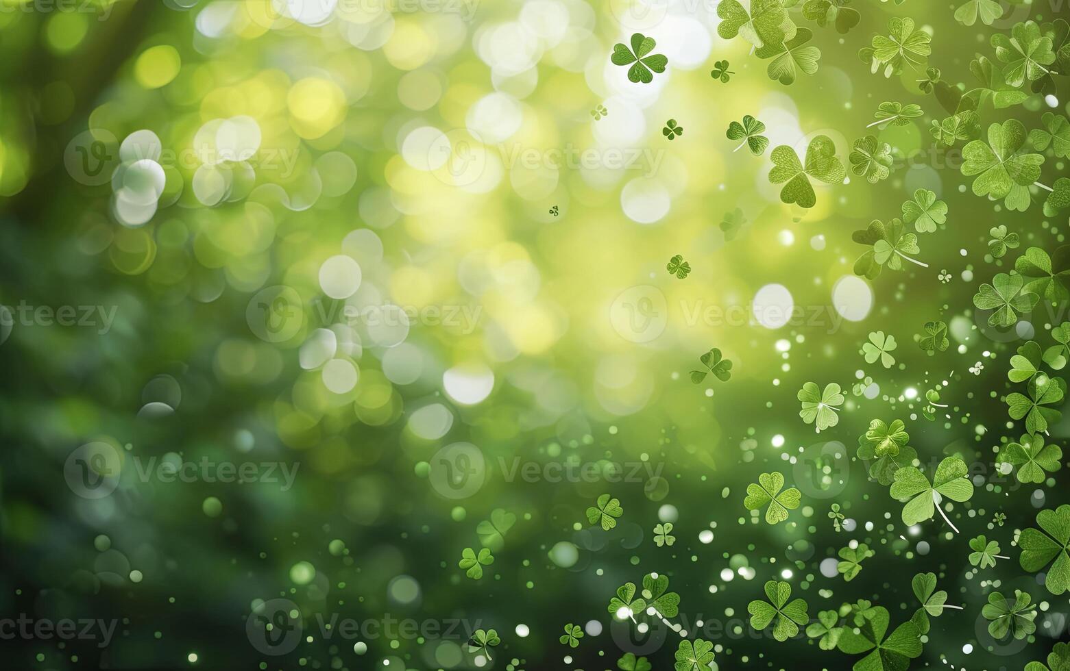ai genererad st. Patricks dag klöver konfetti med grön bokeh, skapande en festlig och vibrerande atmosfär foto