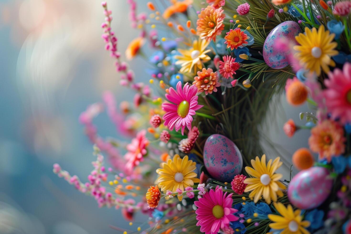 ai genererad krans överfyllda med vår blommor och påsk ägg i pastell färger på drömmande bakgrund foto