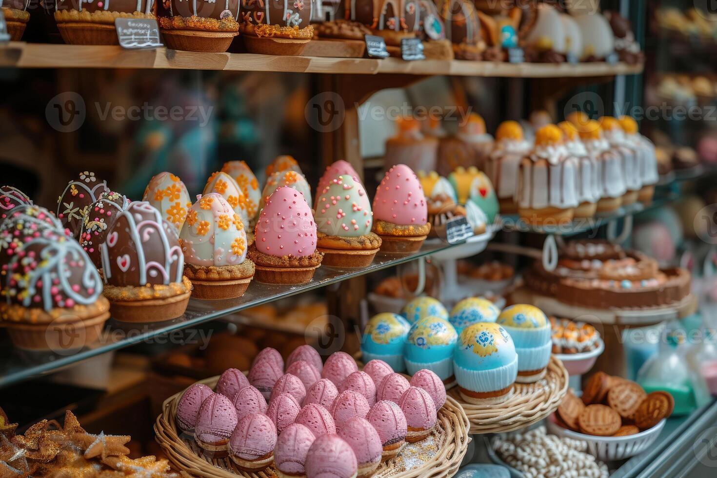 ai genererad påsk bageri visa med dekorativ ägg behandlar Inklusive kakor och småkakor formad tycka om dekorativ ägg foto